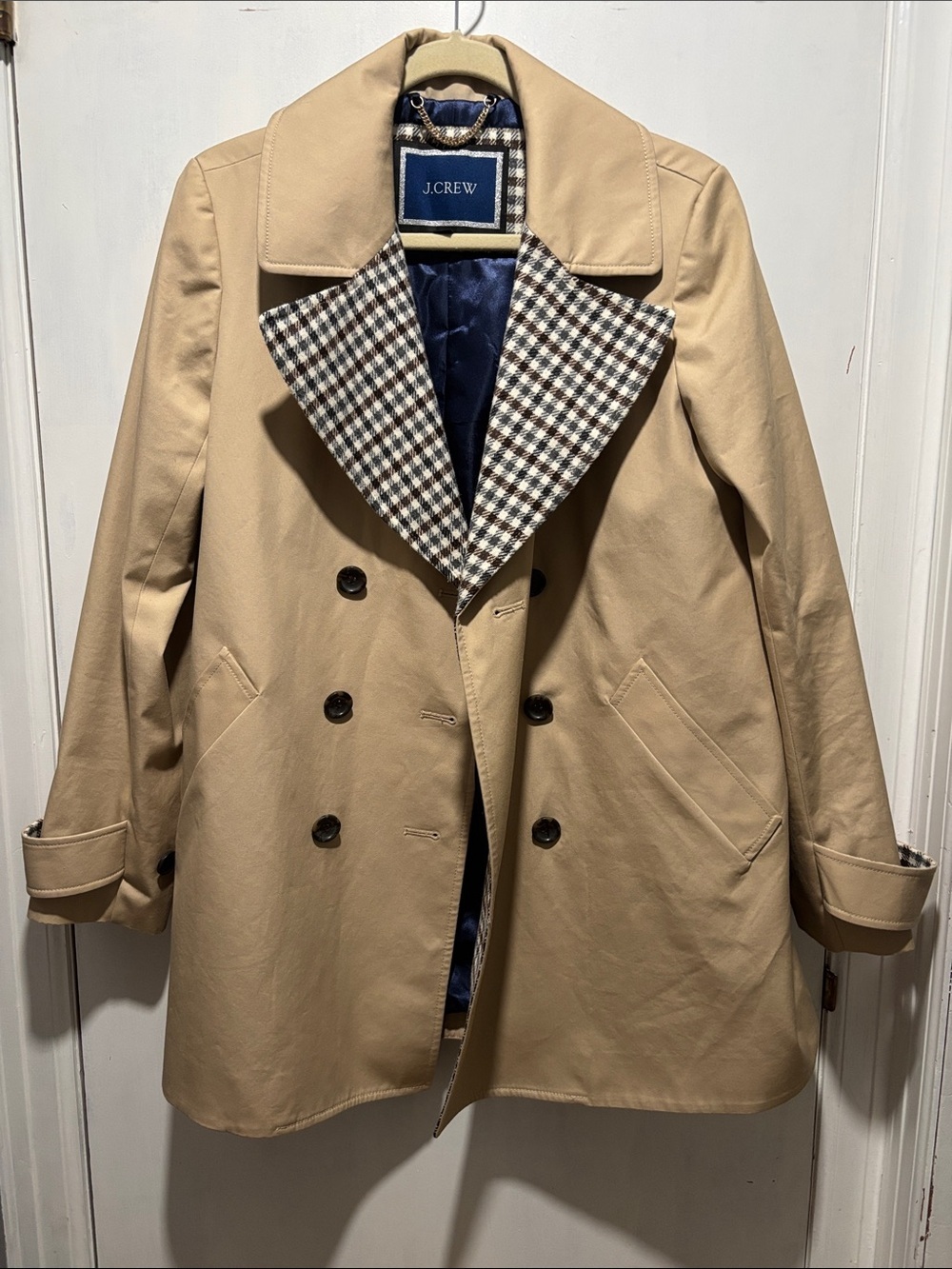 J CREW pleated trench coat plaid accent size medium